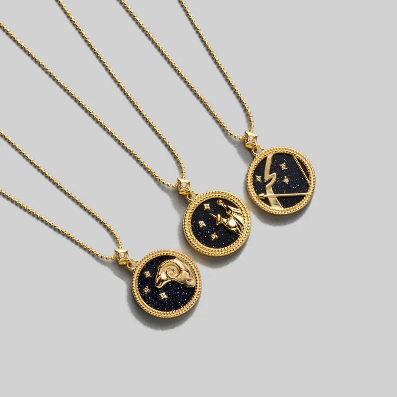 Art Deco Night Sky Glitter Zodiac Necklace (925, Vermeil)