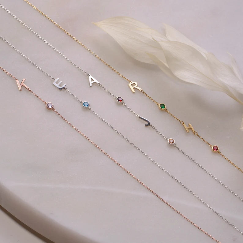 Initial Personalised Birthstone Bracelet (Gold, Silver, Rose)