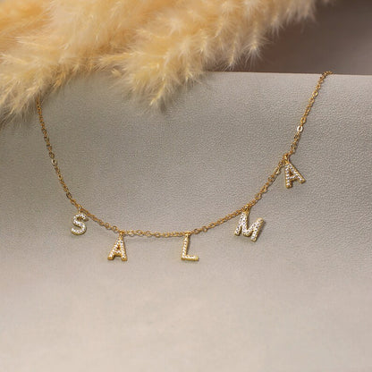Personalised Gold Charm Pave Dangle Name Necklace (Stainless Steel)
