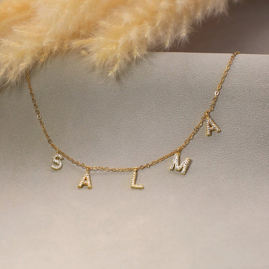 Personalised Gold Charm Pave Dangle Name Necklace (Stainless Steel)