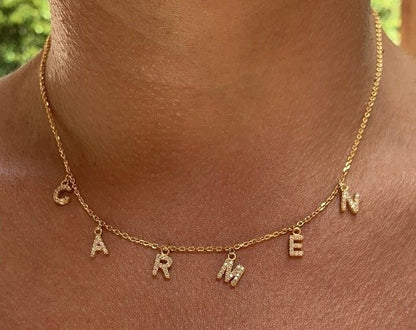 Personalised Gold Charm Pave Dangle Name Necklace (Stainless Steel)