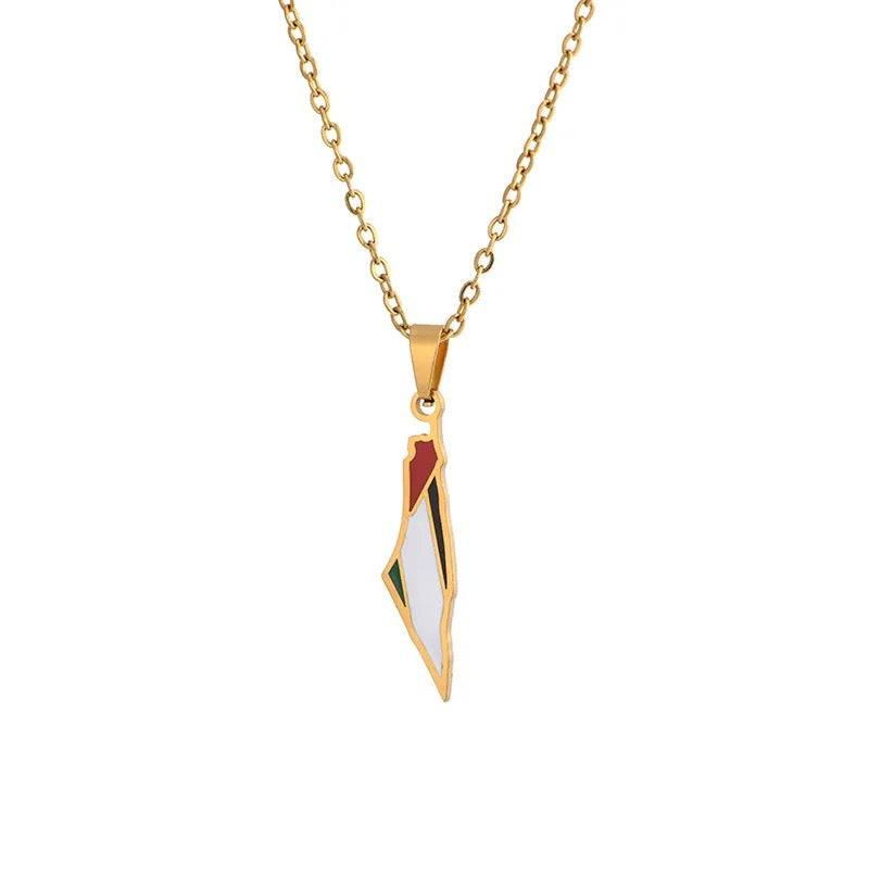 Gold Enamel Palestine Colour Map Necklace (50cm)