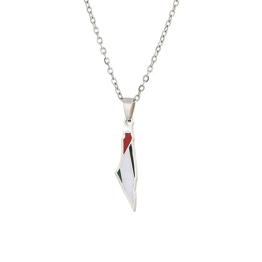 Silver Enamel Palestine Map Necklace (50cm)