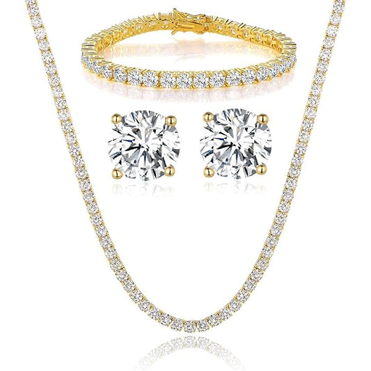 Gold Softlock 3mm Tennis Necklace, Earring & Bracelet Set (925)