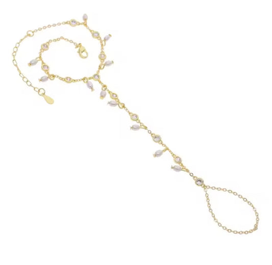 Gold Beach Love Pearl & Glitter Hand Chain (Mix Metal)
