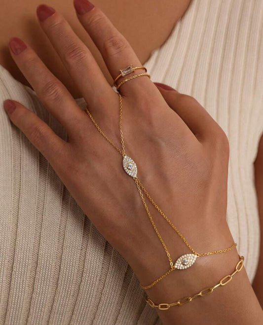 Gold Evil Eye Pave Hand Drape Chain (925, Vermeil)