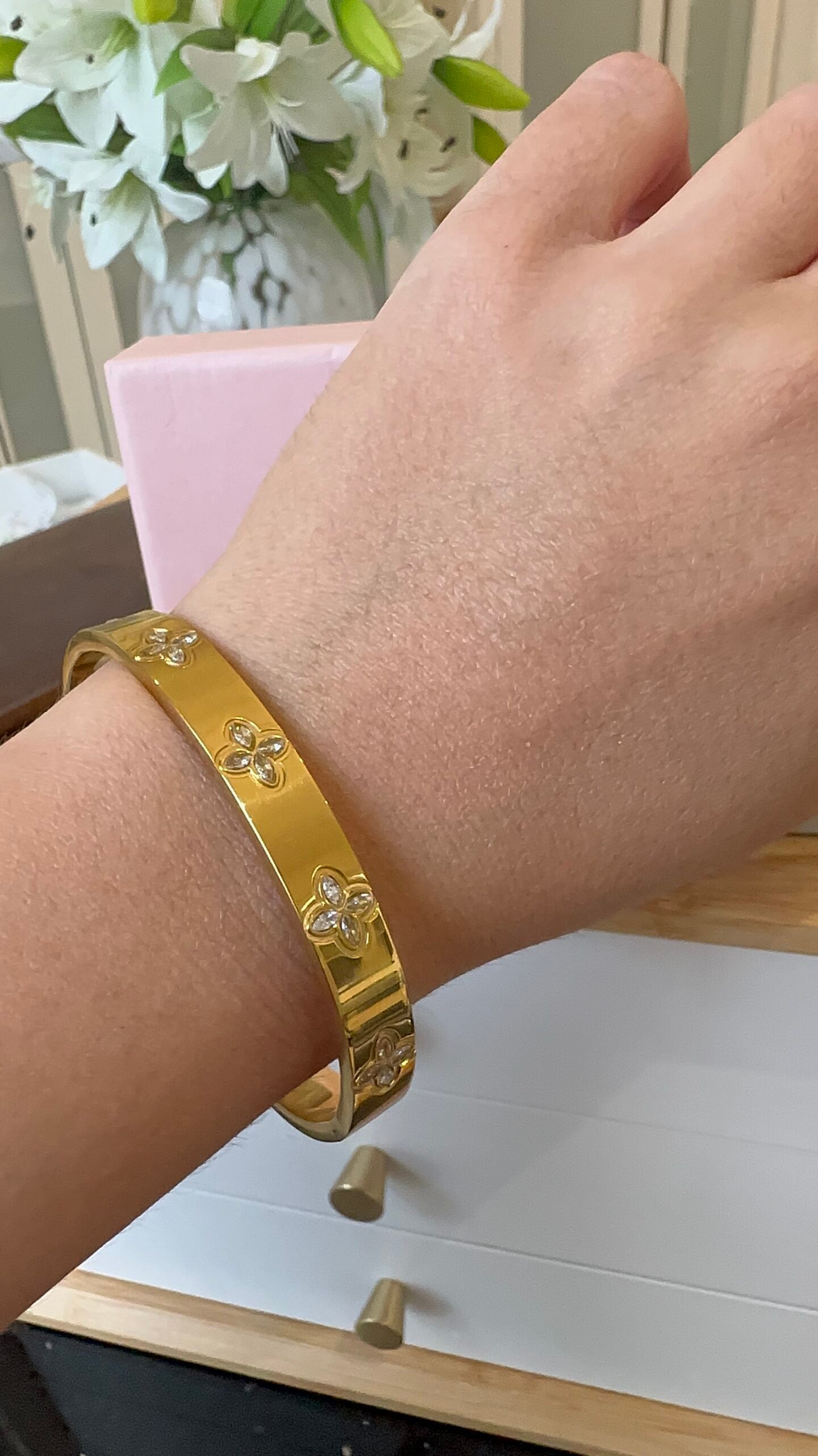 Gold Floral Marquise Waterproof Bangle