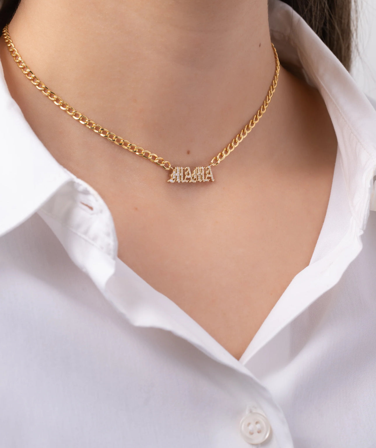 Cuban Pave Mama Nameplate Necklace (3mm)