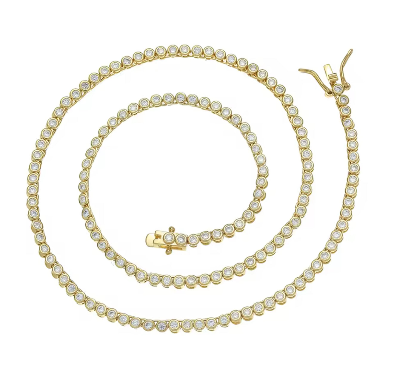 Gold 2mm Brilliant Bezel Tennis Necklace (Mix Metal, 40/45cm)