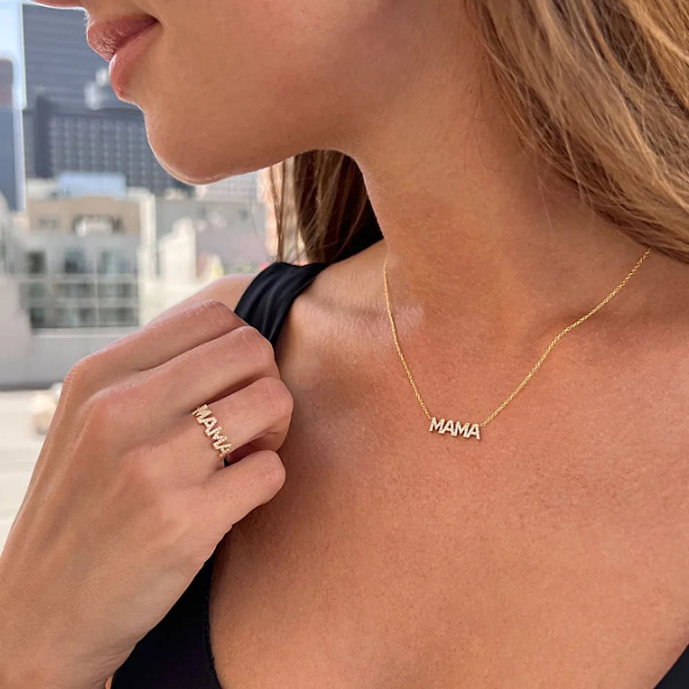 Solid 14k Gold Moissanite Mama Necklace