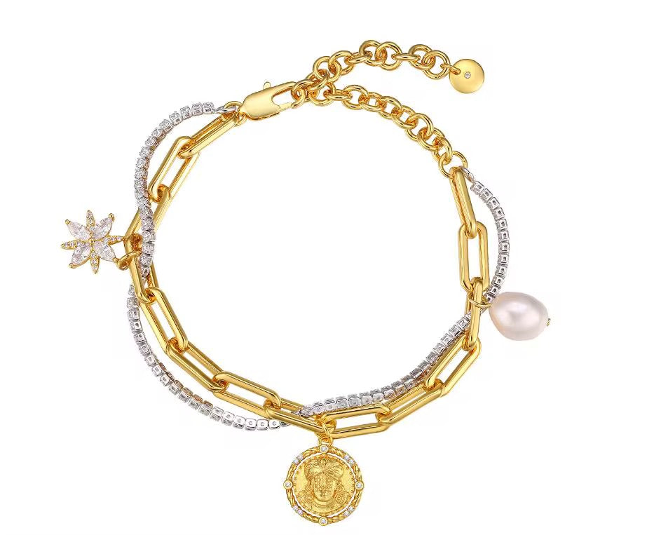 Gold Carribean Paperclip Tennis Starlight Charm Bracelet