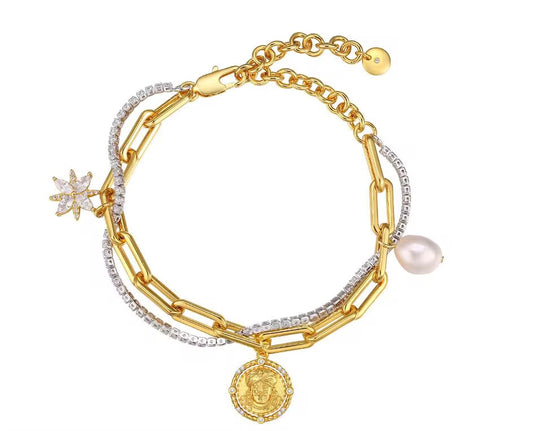 Gold Carribean Paperclip Tennis Starlight Charm Bracelet