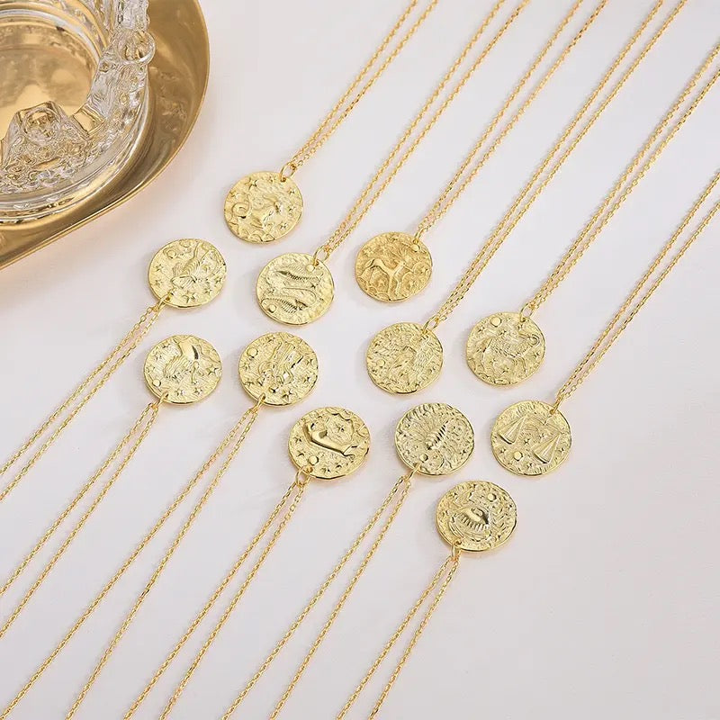 Gold Embossed Star Sign Disc Necklace  (925, Gold Vermeil)
