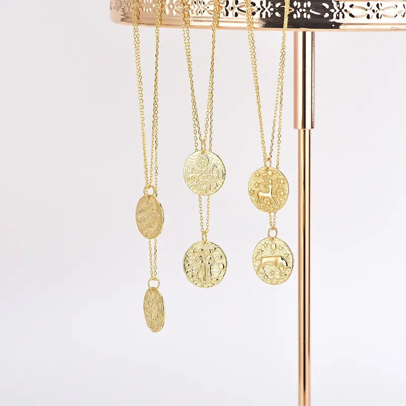 Gold Embossed Star Sign Disc Necklace  (925, Gold Vermeil)