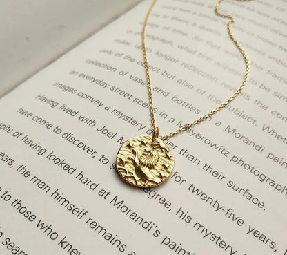 Gold Embossed Star Sign Disc Necklace  (925, Gold Vermeil)
