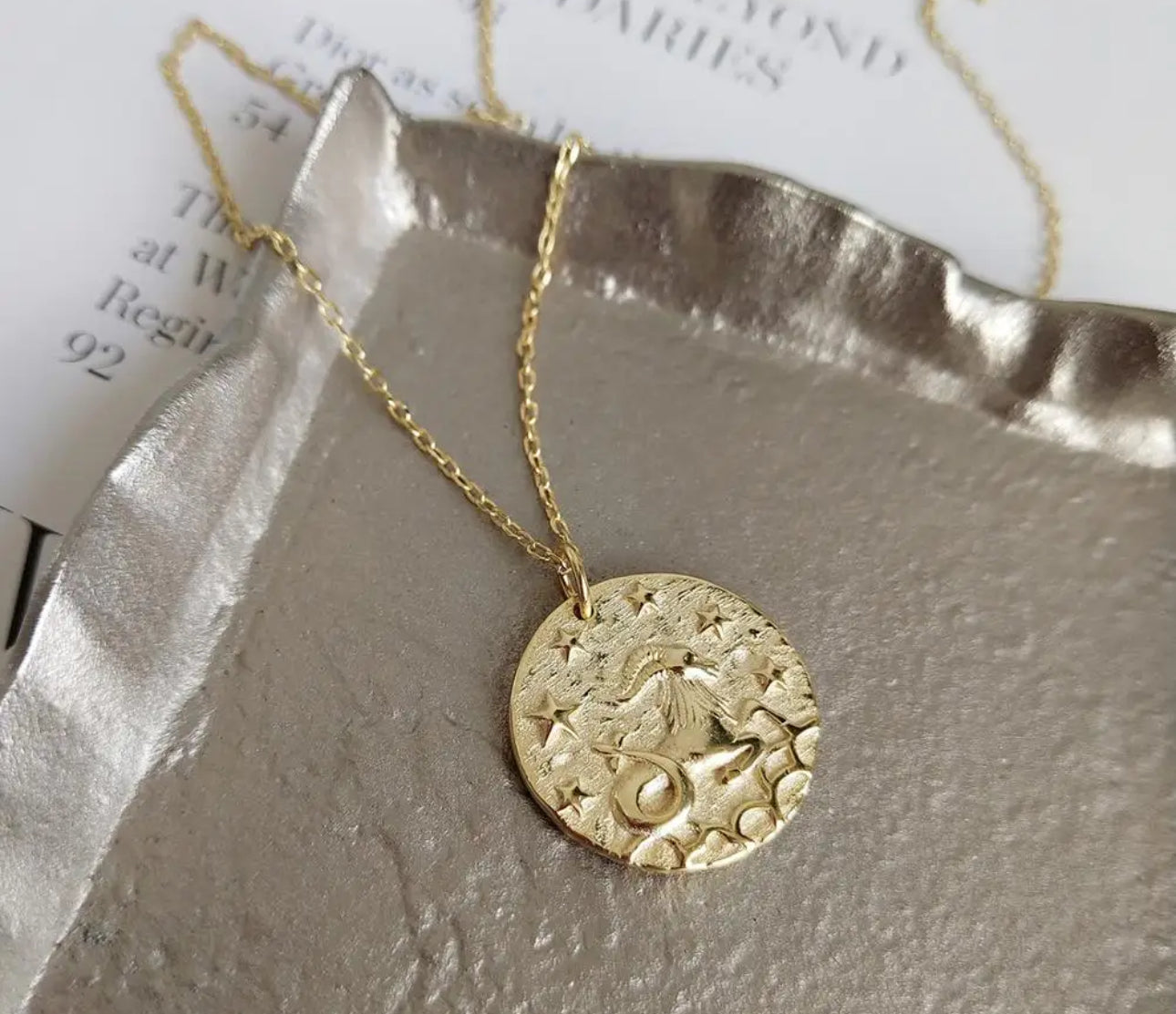Gold Embossed Star Sign Disc Necklace  (925, Gold Vermeil)