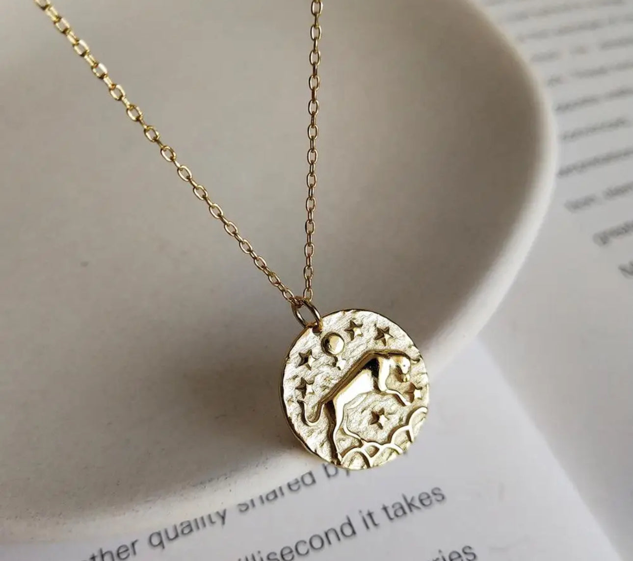 Gold Embossed Star Sign Disc Necklace  (925, Gold Vermeil)