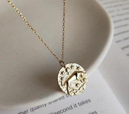 Gold Embossed Star Sign Disc Necklace  (925, Gold Vermeil)