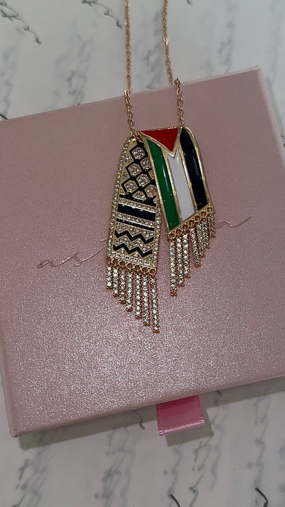 Sparkling Kuffiyeh Gold Flag Tassle Necklace