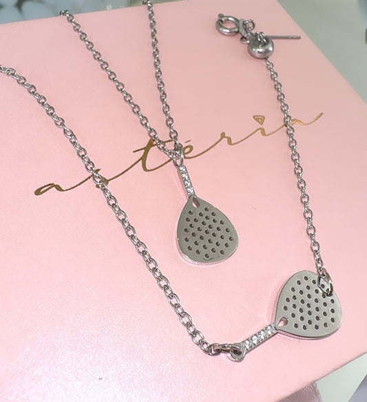 Silver Court Side Unisex Paddle Necklace & Bracelet Set (Stainless Steel)