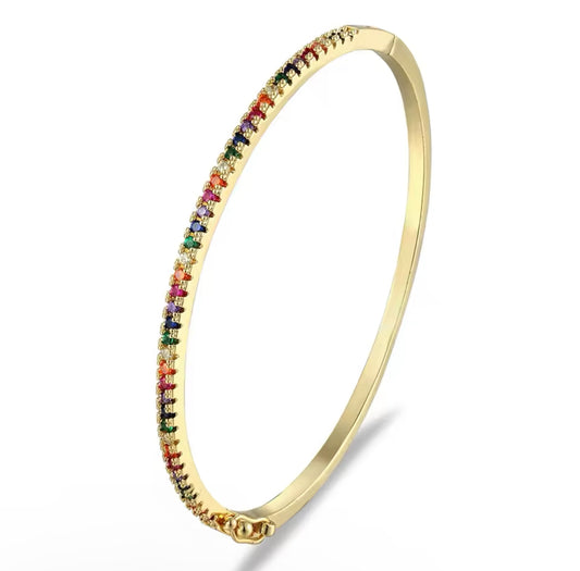 Gold Rainbow Cubic Tennis Bangle (Mix Metal, Gold Plated)