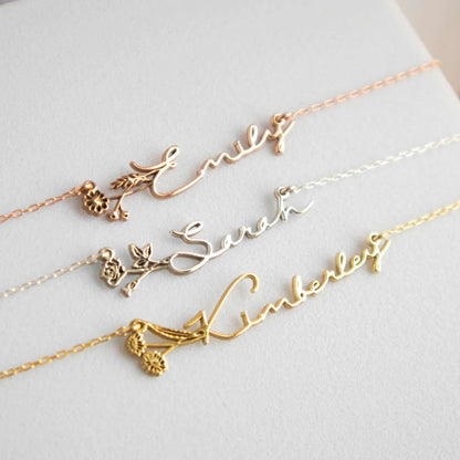 Personalised BirthFlower Name Necklace/Bracelet (Gold, Silver, Rose)