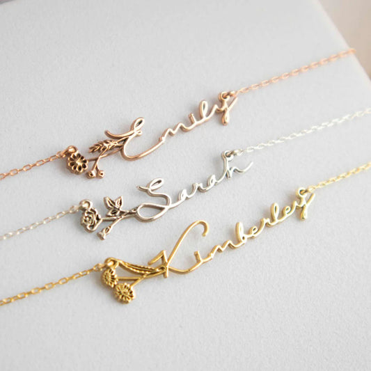 Personalised BirthFlower Name Necklace/Bracelet (Gold, Silver, Rose)