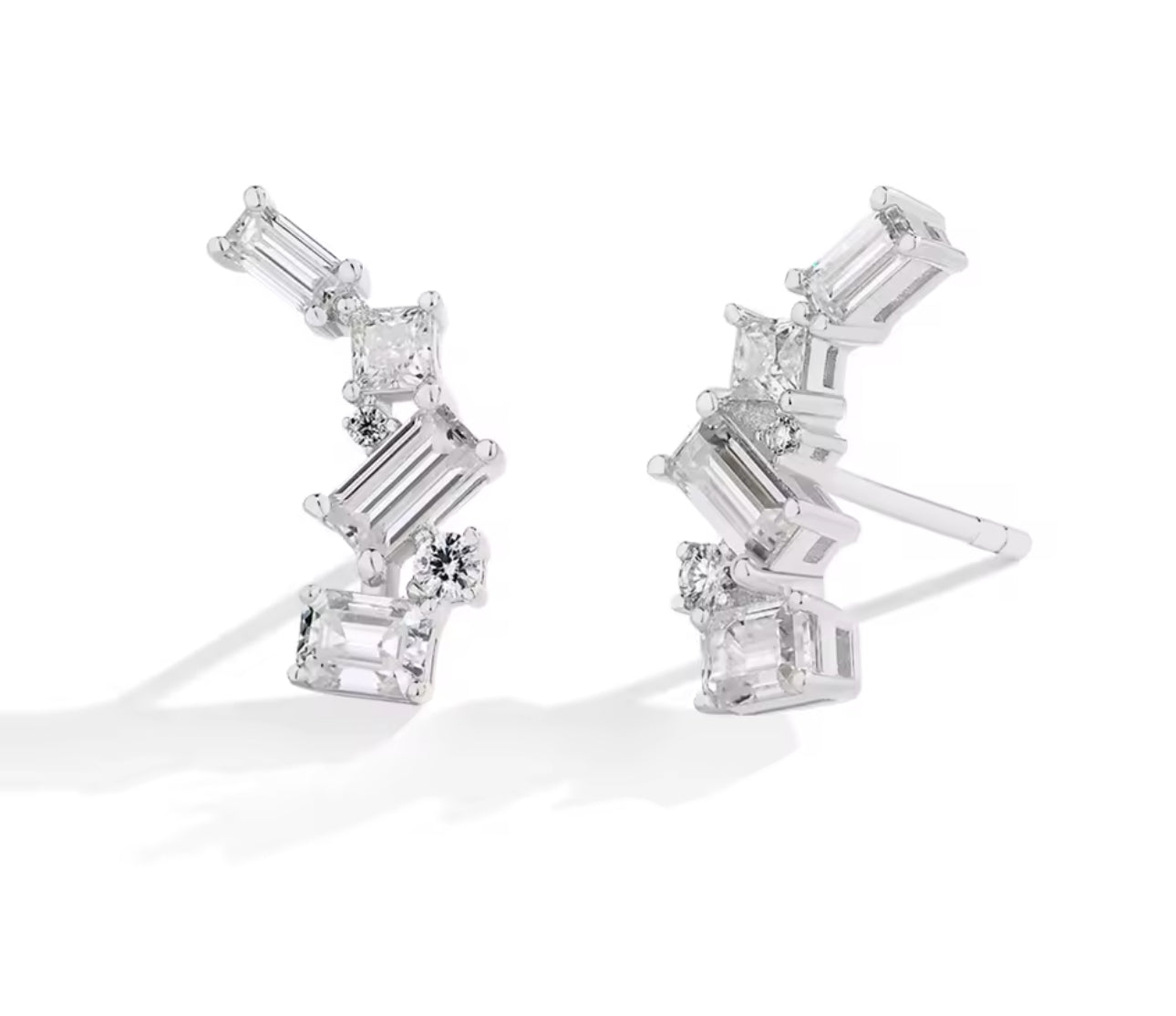 Silver Moissanite Baguette Whisper Sweeper Earring (925, 10k White Gold)