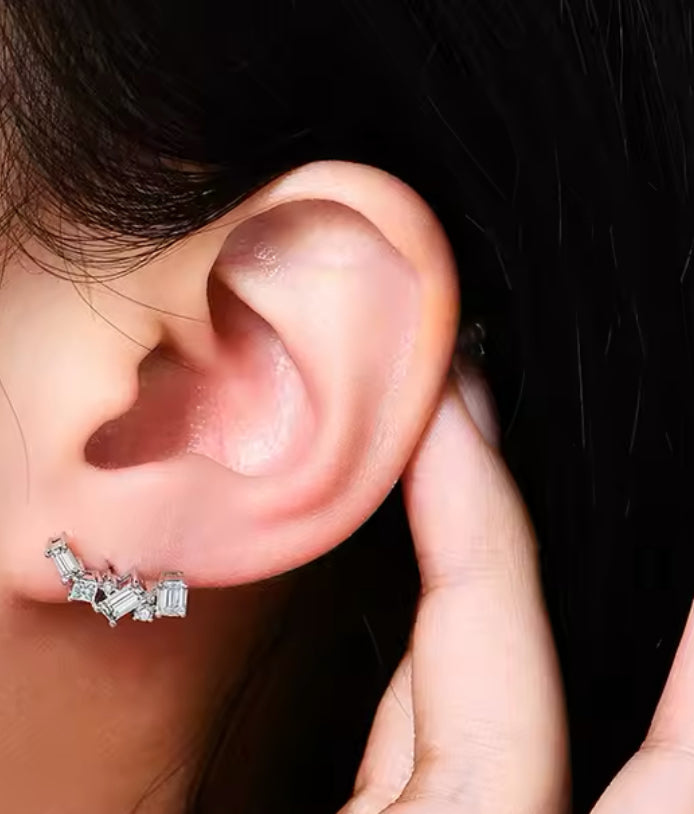 Silver Moissanite Baguette Whisper Sweeper Earring (925, 10k White Gold)