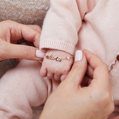 Personalised Baby/Toddler Name Love Moissanite Charm Bracelet (925, Vermeil Gold, Silver, Rose)