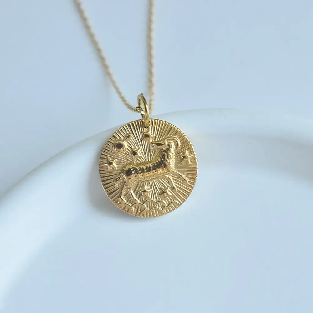 Gold Zodiac Medallion Necklace (Stainless Steel)