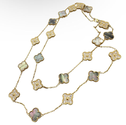 Gold & Grey Pearl Vintage Long Pave Clover Necklace(925)