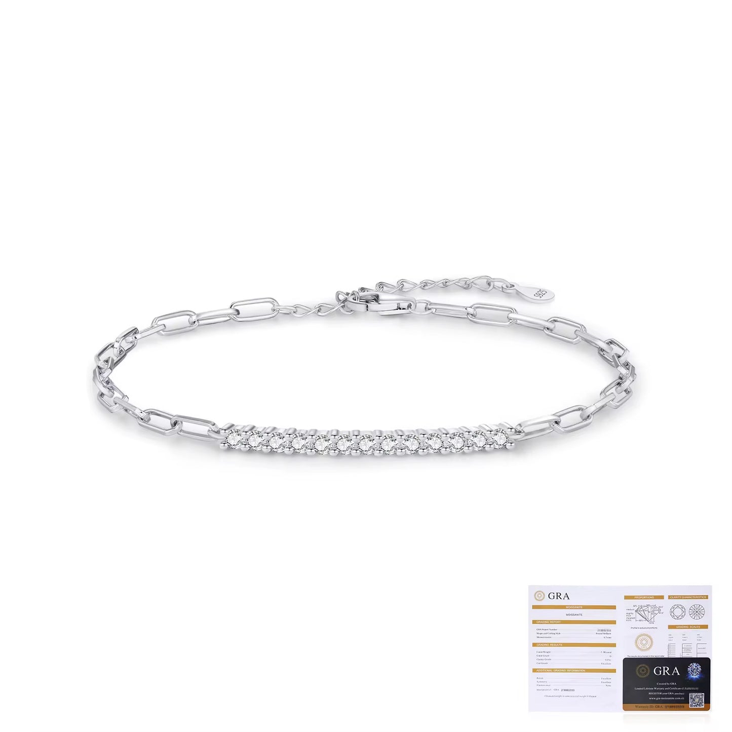Silver Paperclip Tennis Bar Moissanite Bracelet (925, Vermeil)
