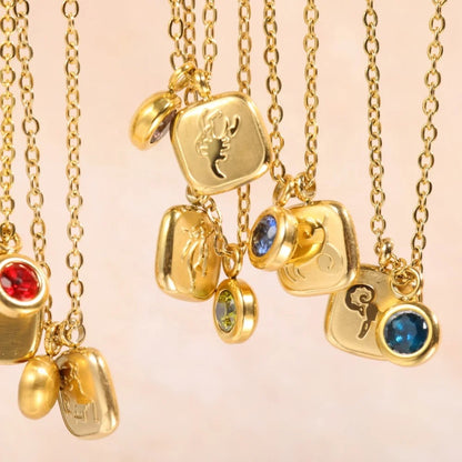 Embossed Cube Zodiac Birthstone Necklace