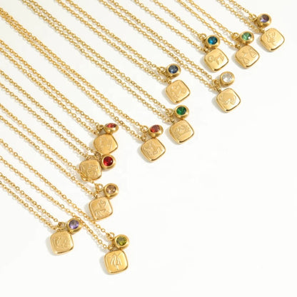 Embossed Cube Zodiac Birthstone Necklace