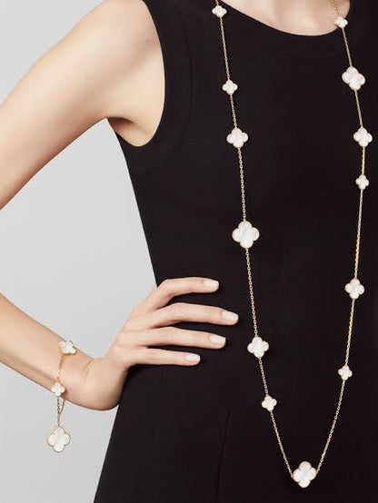 Gold & Pearl Multi Motif Long Clover Necklace (925, Vermeil)