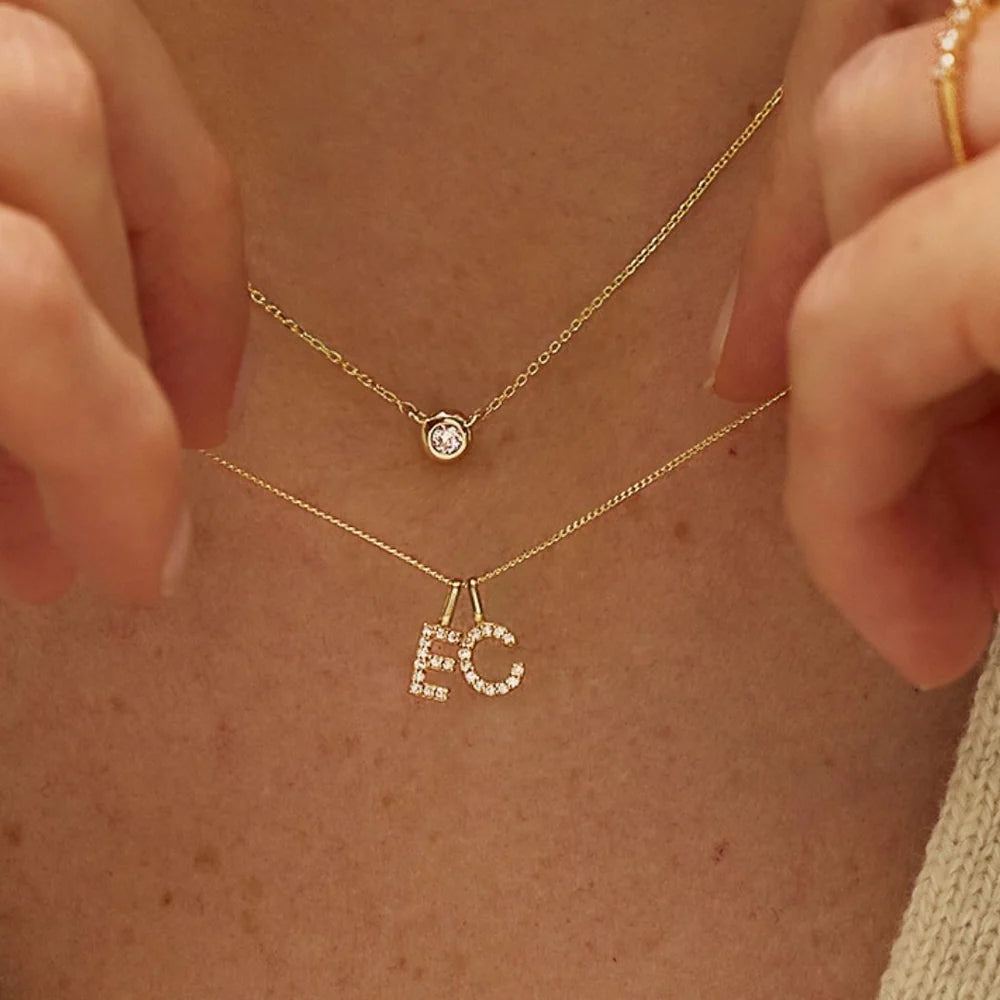 Gold Cutesy Initial Cubic Dangle Necklace (925)