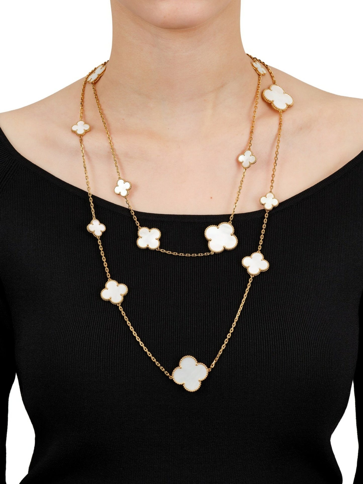 Gold & Pearl Multi Motif Long Clover Necklace (925, Vermeil)