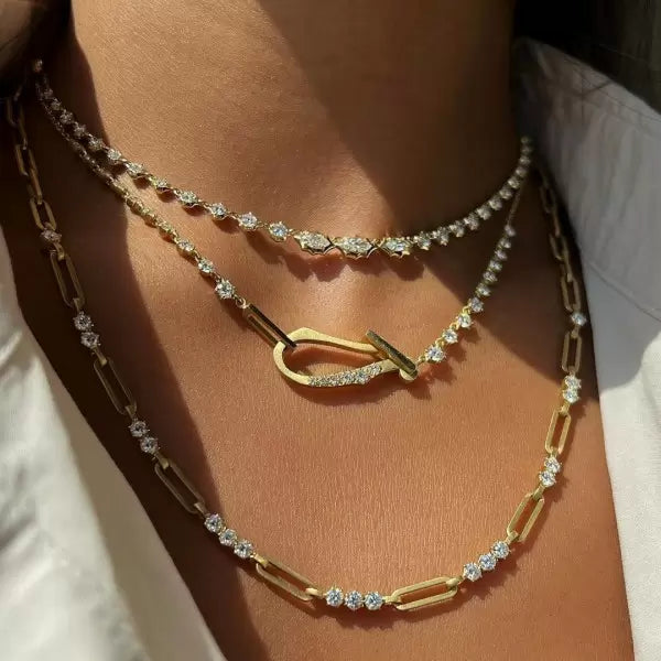 Gold Moissanite Paperclip Luxe Necklace 7TCW & Bracelet (925,Vermeil)
