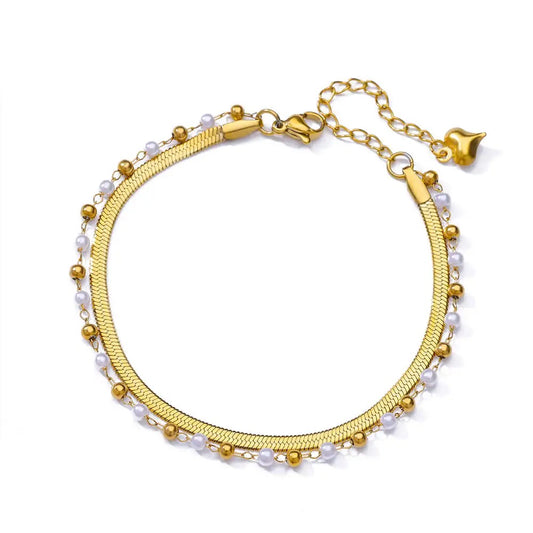 Gold Evelyn Herringbone & Pearl Anklet/Bracelet