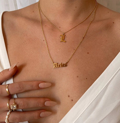 Gold Zodiac Nameplate Necklace