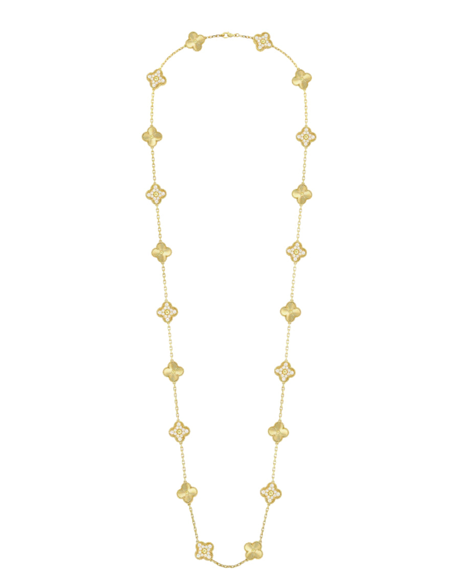 Gold Long Clover Vintage Pave & Laser Cut Necklace (925, Heavyweight)