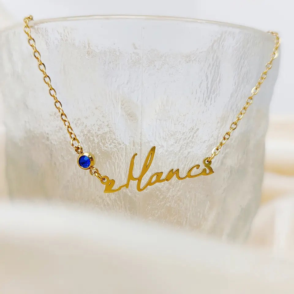Personalised Birthstone Nameplate Necklace (Gold, Silver, Rose)