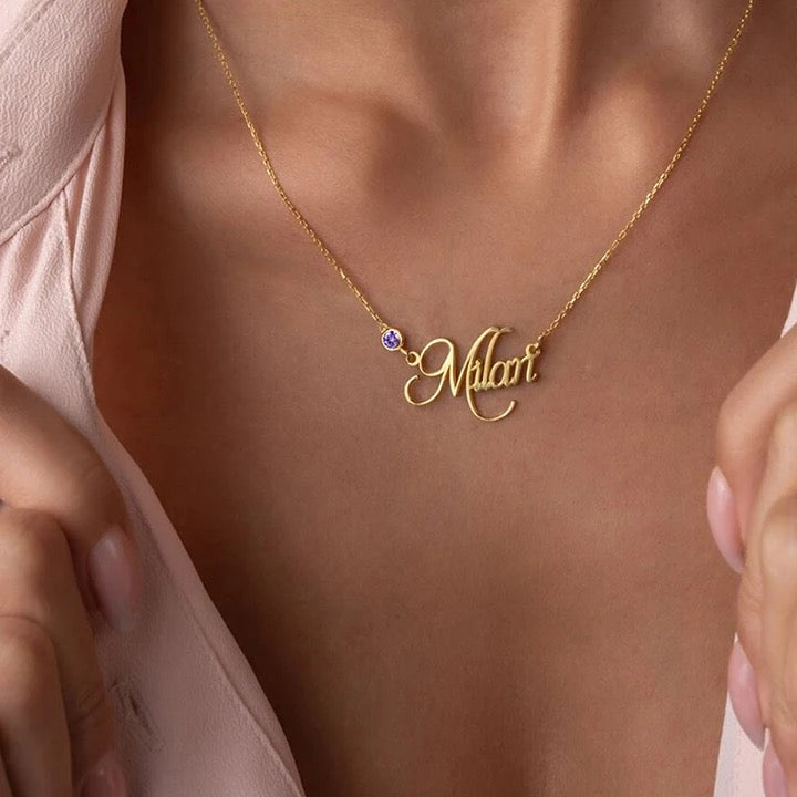 Personalised Birthstone Nameplate Necklace (Gold, Silver, Rose)