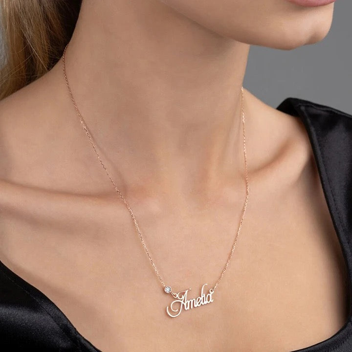 Personalised Birthstone Nameplate Necklace (Gold, Silver, Rose)