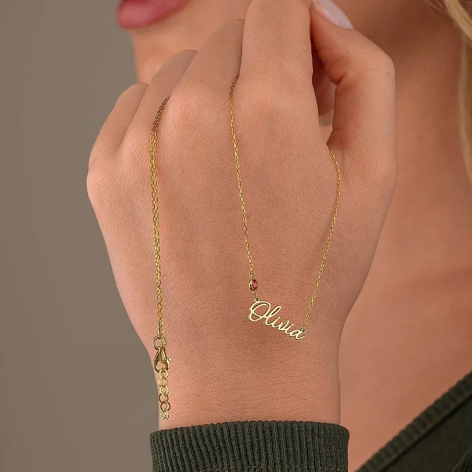Personalised Birthstone Nameplate Necklace (Gold, Silver, Rose)
