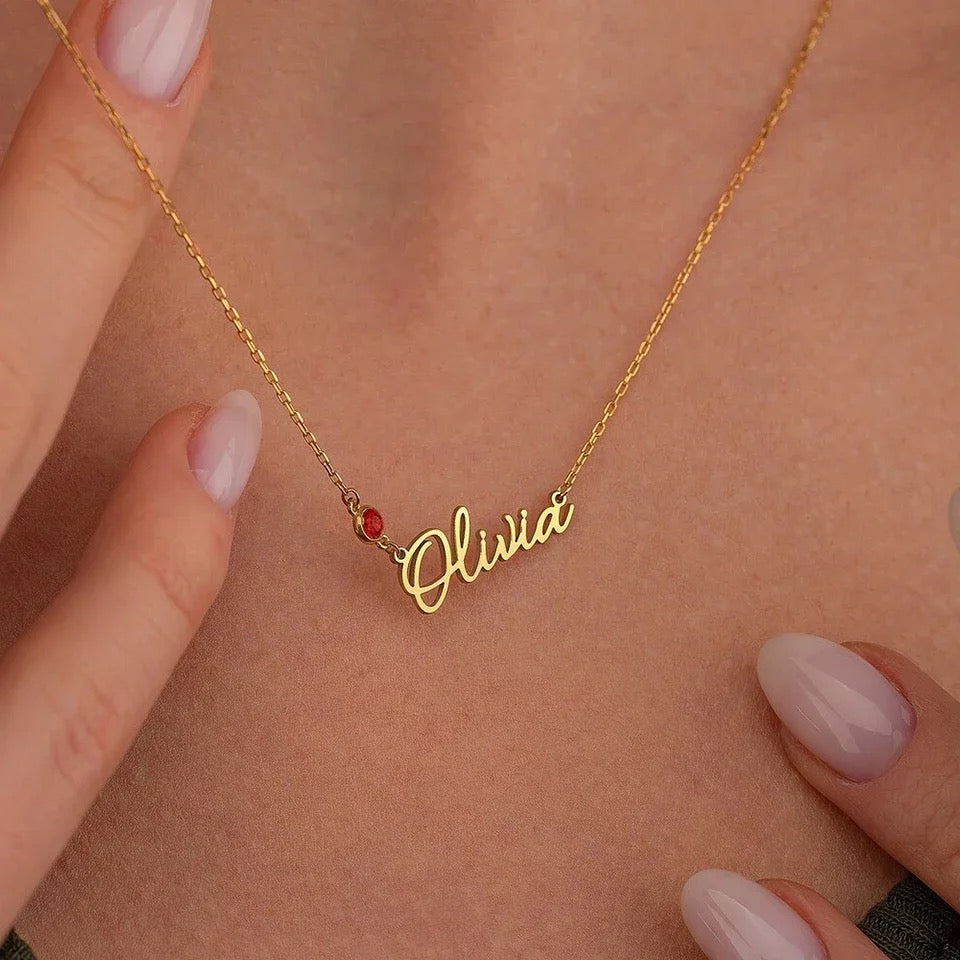 Personalised Birthstone Nameplate Necklace (Gold, Silver, Rose)