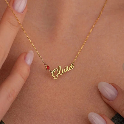 Personalised Birthstone Nameplate Necklace (Gold, Silver, Rose)