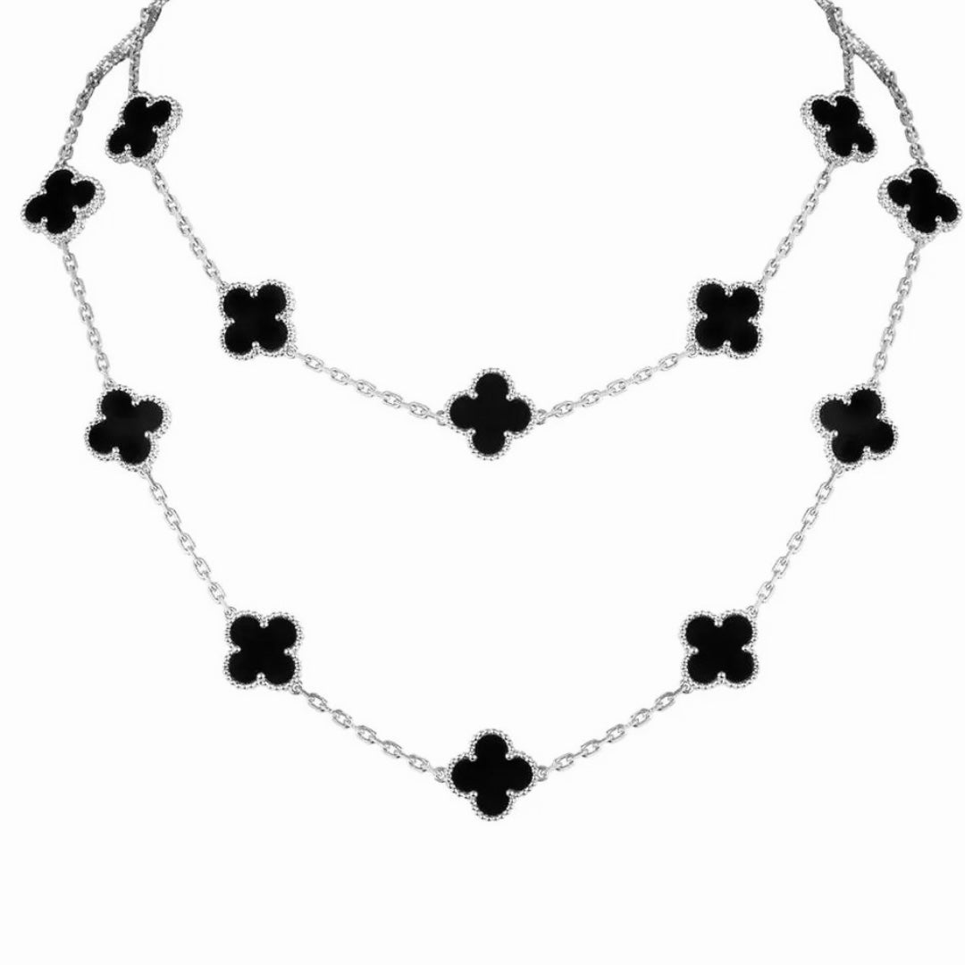 Black & Silver Long Agate Clover Necklace (Mix Metal)