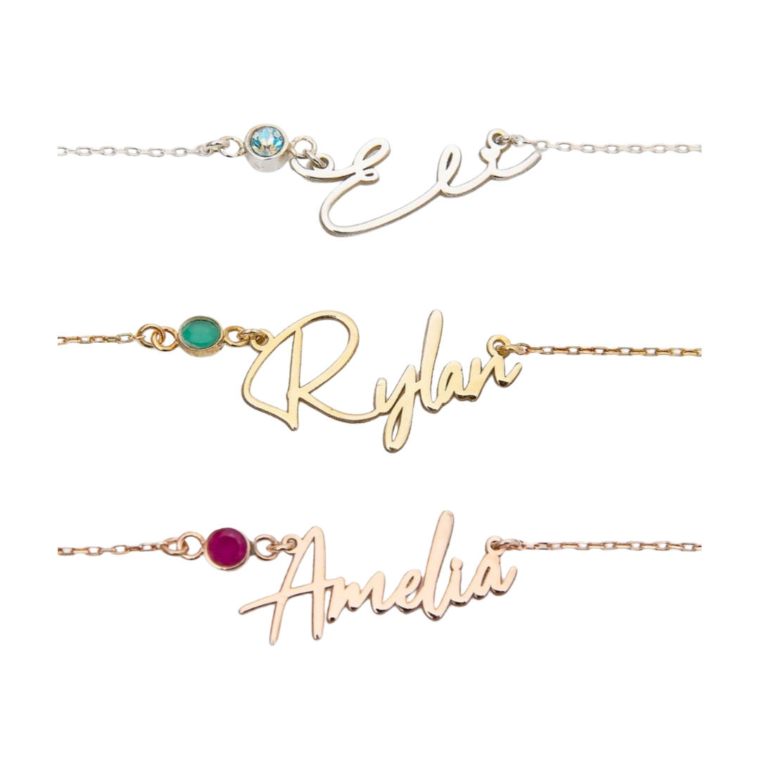 Personalised Birthstone Nameplate Bracelet (Gold, Silver, Rose)